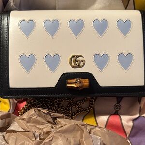 Gucci White and Black Crossbody Bag with Blue Heart Accents